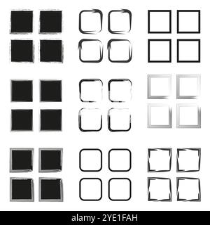 Square frame icon set. Grunge and brushstroke borders. Geometric abstract shapes. Minimalist black and white design. Stock Vector
