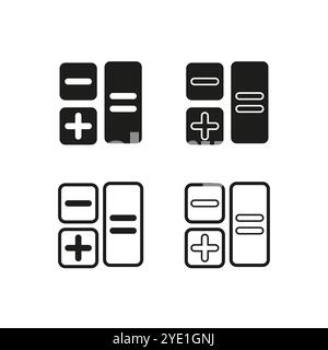 Calculator button icons. Plus and minus symbols. Bold minimal vector shapes. Black and white set. Stock Vector