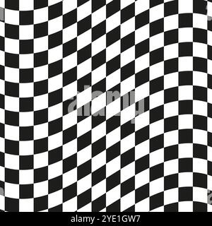 Wavy checkered pattern in black and white. Seamless abstract geometric design. Optical illusion vector for textile and wallpaper. Stock Vector