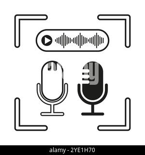 Microphone and sound wave icons. Podcast and audio recording symbols. Vector media set. Stock Vector