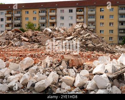 Demolition rubble of a building at the Sternplatz in Dresden. The Herkuleskeule, a cabaret, theater, was located at this place. Many concrete blocks. Stock Photo