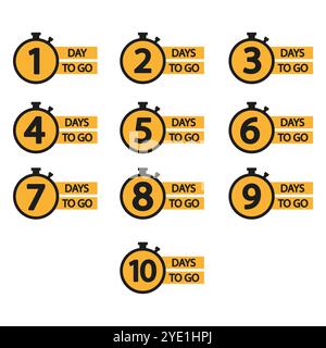 Countdown timer set. Numbers from one to ten. Bold days to go text. Yellow stopwatch design. Stock Vector