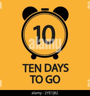 Countdown clock icon. Number ten bold. Yellow flat background. Strong event reminder. Stock Vector