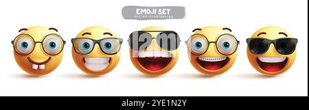Emojis cool characters emoticon vector set. Emoji 3d character like happy, funny, joyful, cheerful, smiling and wearing sunglasses for graphic element Stock Vector