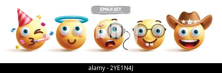 Emojis emoticon characters vector set. Emoji emoticon character in happy, birthday, curious, angel, nerd, cowboy, cute and silly mood expressions Stock Vector