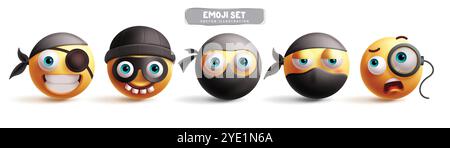 Emoji ninja characters vector set. Emojis emoticon like pirate, burglar, robber, villain and criminal wearing mask character yellow icon collection. Stock Vector