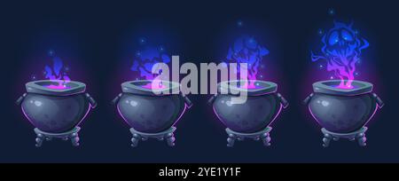 Mystical cauldrons with blue and purple glowing smoke on black background. Cartoon Halloween pot animation stages with brewing potion radiating magical sparkles and steam with spooky monster face. Stock Vector