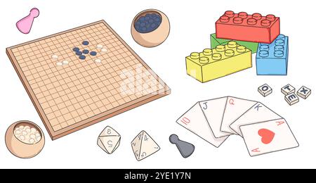 Card game flat illustration. Table toy to play mahjong or pawn on boardgame. Children party activity collection with checkerboard entertainment and building block graphic. Abstract different hobby. Stock Vector