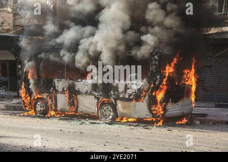 Syrian jets have attacked the besieged town of Aleppo with cluster bombs, causing several deaths and injures and much burning. Stock Photo