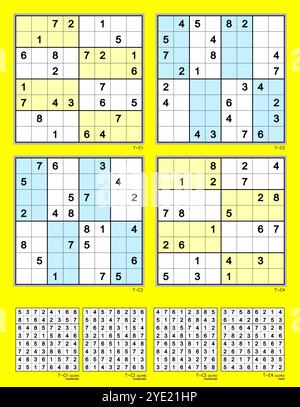 Sudoku puzzles with the 8x8 grid. Set E3 MK II. Rotational symmetry. 24, 24, 22, 22 clues. Moderate (3), hard (1). Stock Vector
