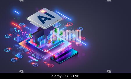 Smart home concept. AI controls Futuristic Smart home. Isometric Futuristic buildings inside chip with Ai or Artificial intelligence which effectively Stock Vector