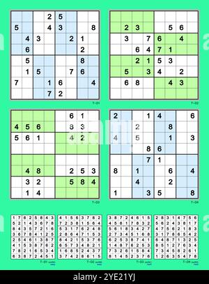 Sudoku puzzles with the 8x8 grid. Set E4 MK II. Reflective, full, rotational 90°, reflective symmetry. 24 clues. Easy (2), hard (2). Stock Vector