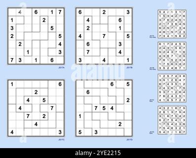 7x7 Jigsaw Sudoku vector set. 18, 17, 12, 11 clues. Very easy (2), hard (2). Rotational, axial, full, rotational symmetry. MK II. Stock Vector