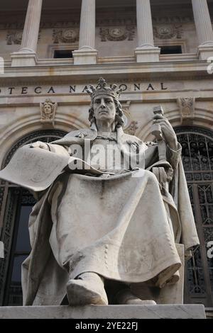 Alfonso X of Castile the Wise (1221-1284). King of Castile, León and Galicia. Statue by J. Alcoverro. National Library. Madrid. Spain. Stock Photo