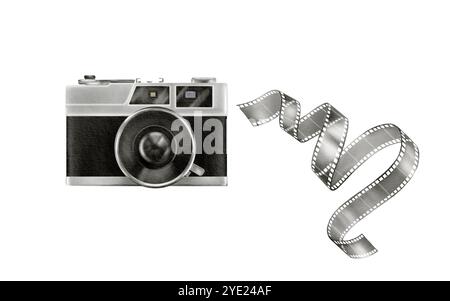 Retro camera,Photo film for analog camera in the form of hand drawn watercolor illustration in black and white graphics isolated on a white as a Stock Photo