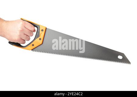 Hand using Saw-hardened Teeth isolated on white background. Top view Stock Photo