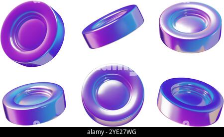 Holographic coins collection. Purple and blue metal money 3d realistic vector illustrations set isolated on white. Stock Vector