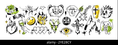 Spray paint graffiti elements, y2k gothic tattoo set. Street art ink burning heart, broken bear head, smile face emoji, fire flame and open mouth with tongue. Urban grunge rock stickers with splatters Stock Vector