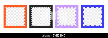Vector set of doodle colored square frames with scallop edges. Jagged wavy text box with empty transparent space inside. Y2k squiggle photo borders, groovy wiggly mirrors or curvy undulate shapes Stock Vector