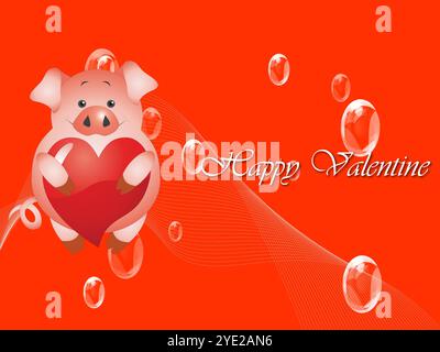 Pig holding a heart on Valentine's Day. The pig is surrounded by bubbles Stock Vector