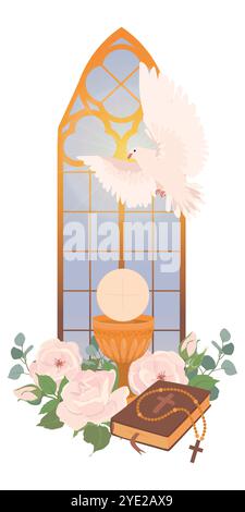 Decorated altar in the church. Elements for the first communion - bread, holy cup, wine. The presence of the holy spirit in the temple in the form of Stock Vector