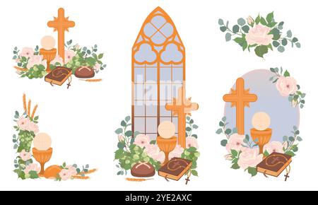 Set of clipart for the first communion. Vector compositions with church attributes. Golden cup Grail, church bread, wine, Bible, rosary, crucifix, flo Stock Vector