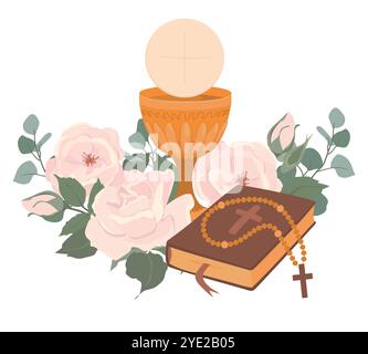 Golden cup, Bible and bread. Vector icon of the first communion. The main symbols of Christianity are the sacrifice of Jesus Christ. Grail and church Stock Vector
