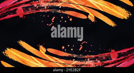 Orange Gradient Brush Texture Isolated on Black Background with Halftone Effect. Sport Background with Grunge Style Stock Vector
