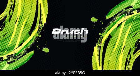 Green Lime Gradient Brush Texture Isolated on Black Background with Halftone Effect. Sport Background with Grunge Style Stock Vector