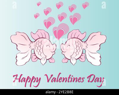 Two fish with hearts on their faces. Happy valentines day. The fish are pink. The background is blue Stock Vector