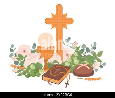 First Communion symbols. Vector. Golden wine cup, bread, bible, rosary, wine, grapes, white roses and crucifix. Elements for beautiful invitation desi Stock Vector