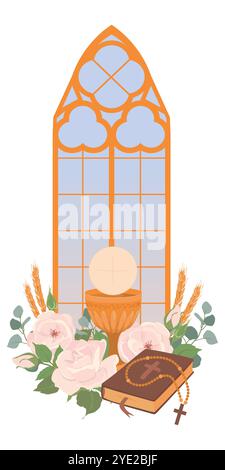 Golden cup, Bible and bread. Vector icon of the first communion. The main symbols of Christianity are the sacrifice of Jesus Christ. Grail and church Stock Vector