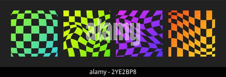 Psychedelic Checkerboard. Neon Groovy hippie 70s backgrounds set. Trippy checkered wallpaper. Retro vector illustration in Y2k style. Funky distorted Stock Vector