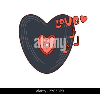 Cartoon groovy groovy heart-shaped vinyl disk with musical notes and love symbols for Valentines Day celebration. Vector disk captures the essence of romance and retro music with funky y2k twist Stock Vector