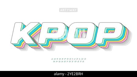 Bold vibrant font, multicolor K-pop letters blends youthful energy with layered 3D effects and pastel multicolor gradient shadow. Playful isometric Stock Vector