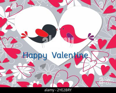 Heart shaped background with two birds kissing on it. The background is pink and grey. The text says Happy Valentine Stock Vector