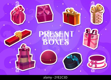 Gift boxes stickers pack of vector packages with ribbons. Cartoon gift and present boxes with festive gold bows wrapped in bright color paper, birthday or Valentines Day surprise, Xmas giftboxes set Stock Vector