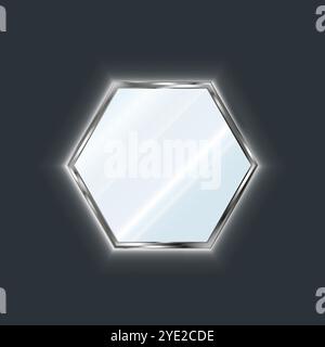 Realistic hexagonal mirror in a silver frame with LED lighting. 3D vector illustration isolated on dark background Stock Vector