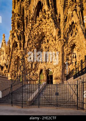 Basilica of Sagrada Familia at sunrise, Barcelona, Catalonia, Spain Stock Photo
