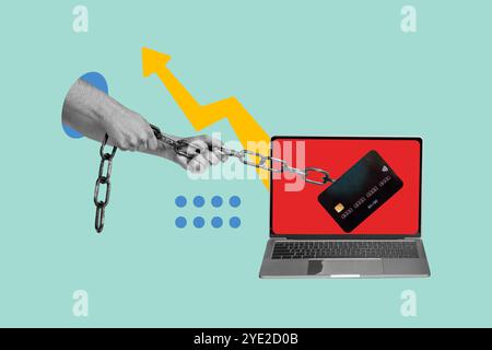 Composite photo collage of hands pull chain credit card arrow laptop device freelancer income tax startup isolated on painted background Stock Photo