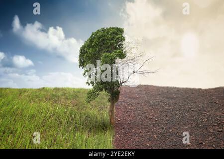 A tree is shown in two different states, one with green leaves and the other with dry twig on landscape of meadow field. Changing environment, global Stock Photo