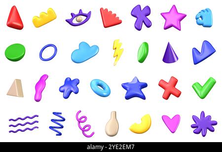 Set of 3D vector different multicolored abstract realistic elements on a white background. Various decorative bright design objects. 3D doodle set in Stock Vector