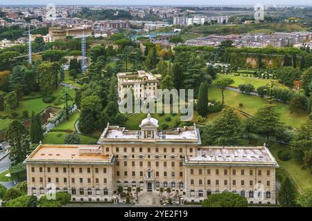 Aerial view of Governor's Palace in the Vatican Gardens from St. Peter Basilica, Vatican Stock Photo