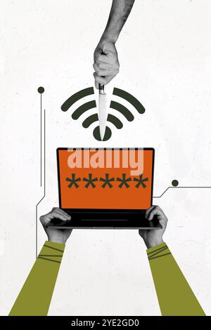 Vertical photo collage of hands hold laptop device password access sharp knife broke wifi half connection isolated on painted background Stock Photo