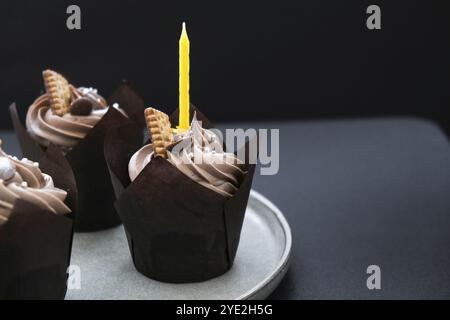 Delicious chocolate cupcakes with cream on dark background. Three chocolate muffin. Birthday cake party. Homemade Chocolate Cupcake Stock Photo