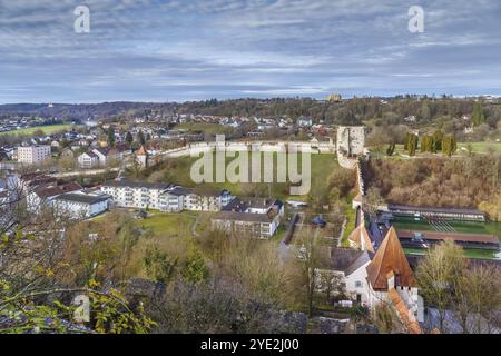 View of wall and tower from Burghausen castle, Germany, Europe Stock Photo