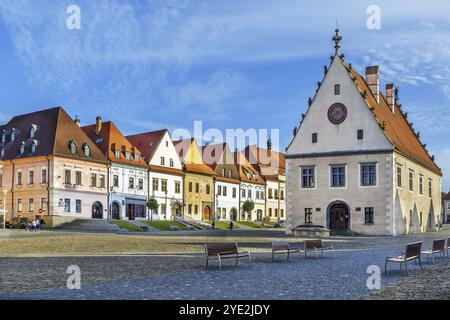 Central square surrounded by well-preserved Gothic and Renaissance houses in Bordejov, Slovakia, Europe Stock Photo