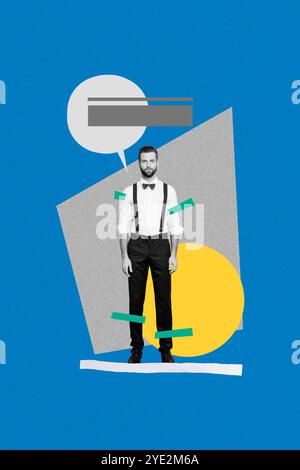 Vertical photo collage of serious trapped man locked discrimination offense bubble talk insult victim isolated on painted background Stock Photo