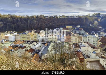 View of Burghausen city center from Burghausen castle, Germany, Europe Stock Photo