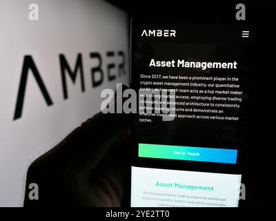 Germany. 13th June, 2024. In this photo illustration, a person is holding a cellphone with the webpage of crypto services company Amber Global Limited in front of logo. (Credit Image: © Timon Schneider/SOPA Images via ZUMA Press Wire) EDITORIAL USAGE ONLY! Not for Commercial USAGE! Stock Photo